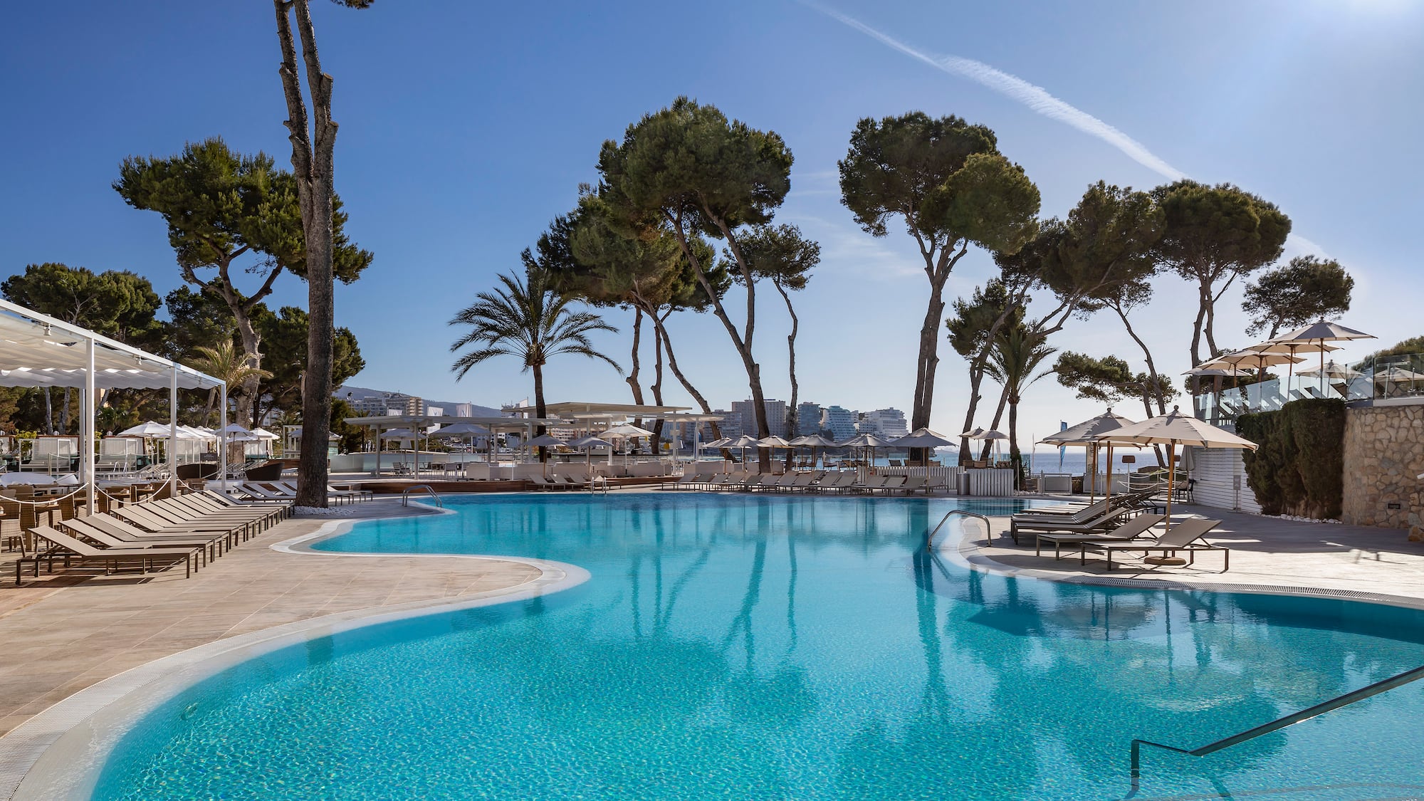 Sunny resort swimming pool with sunbeds, tall pine trees, and distant sea view.