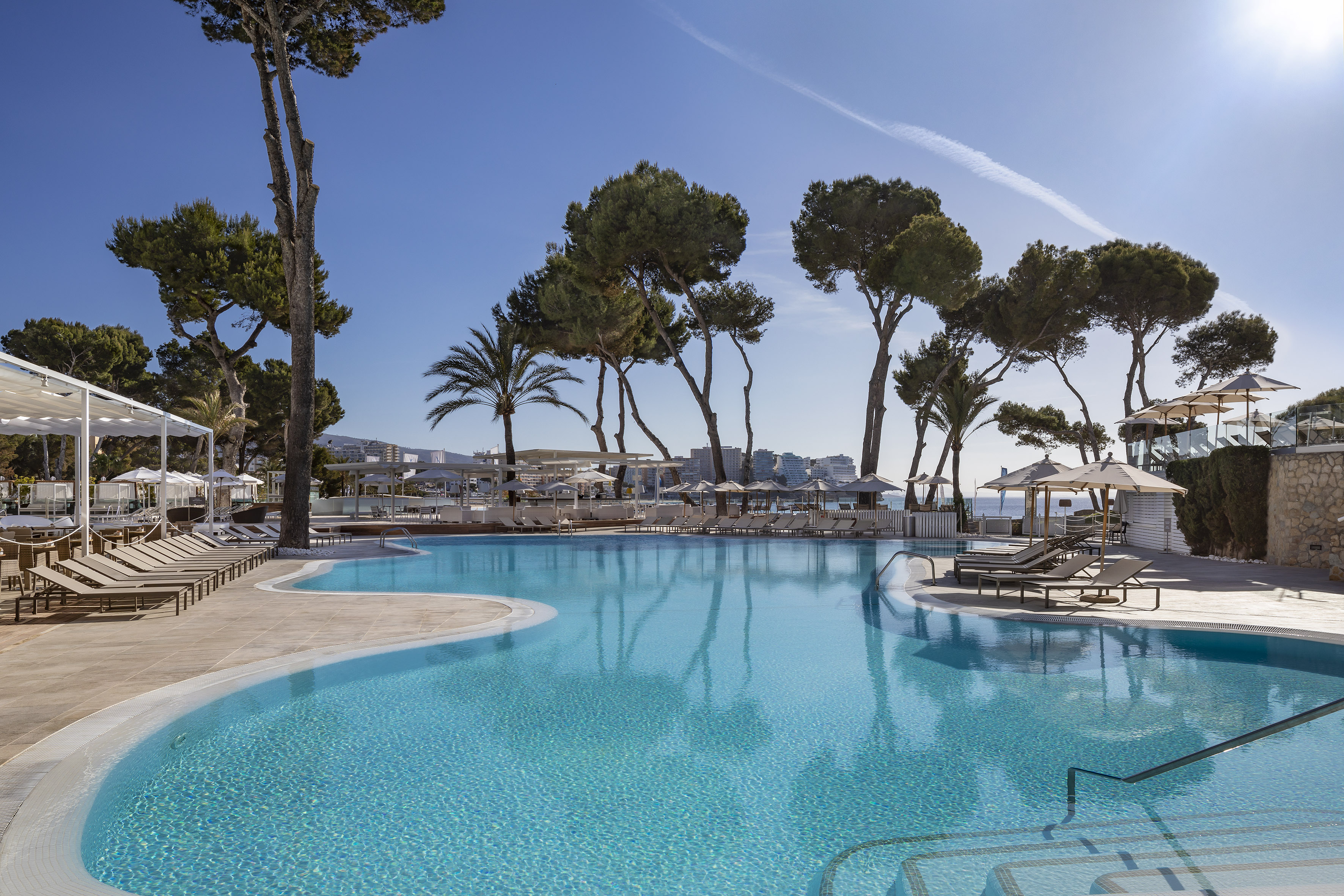 Sunny resort swimming pool with sunbeds, tall pine trees, and distant sea view.