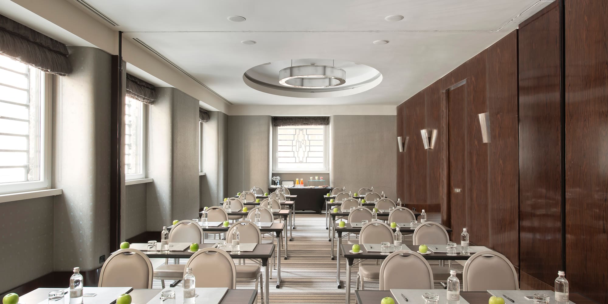 a room with tables and chairs