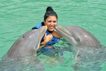 a woman with two dolphins in water