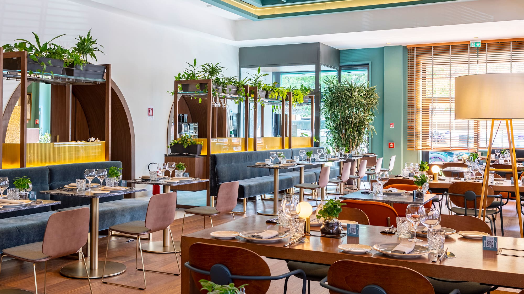 a room with tables and chairs