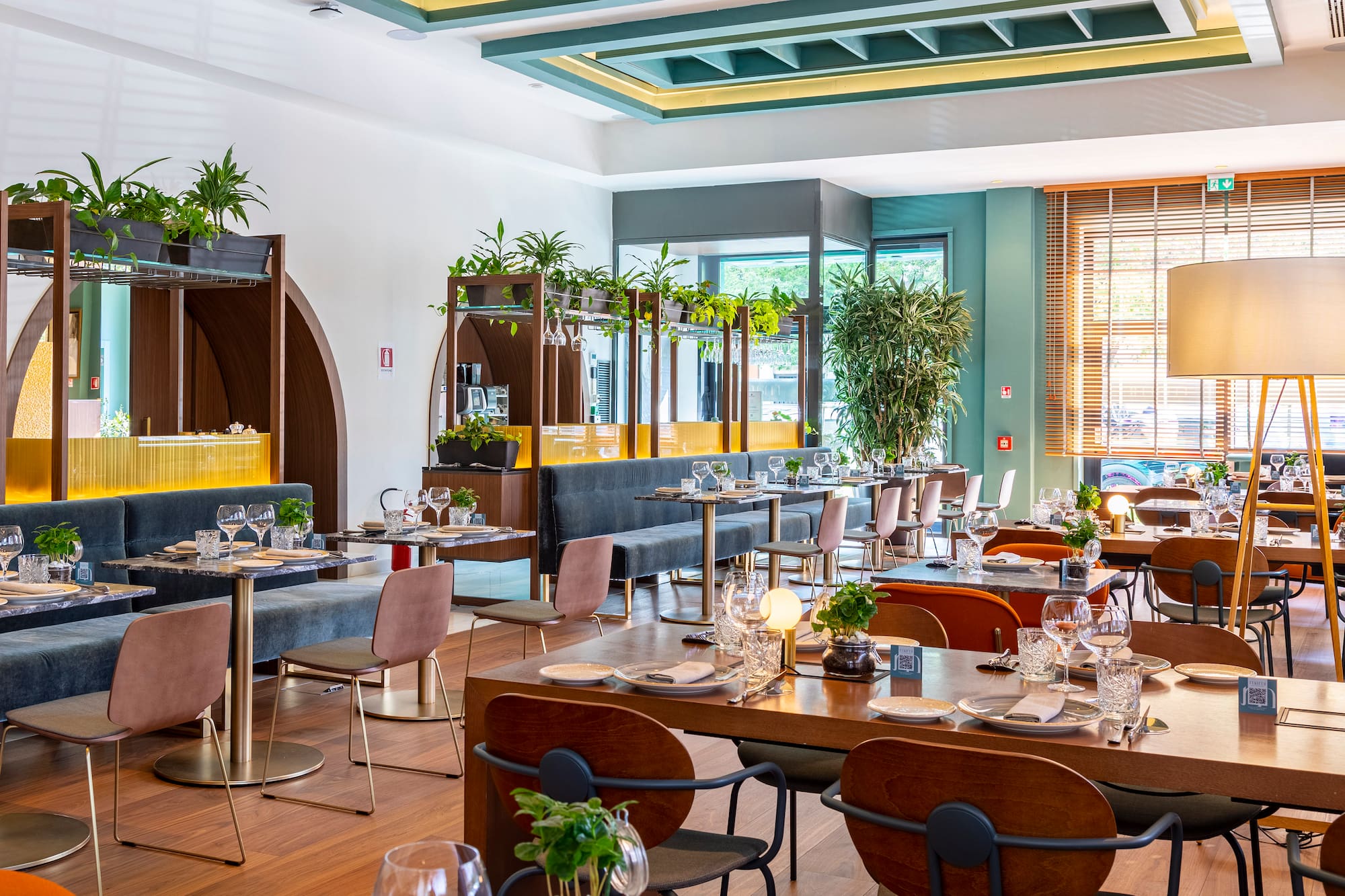 a room with tables and chairs