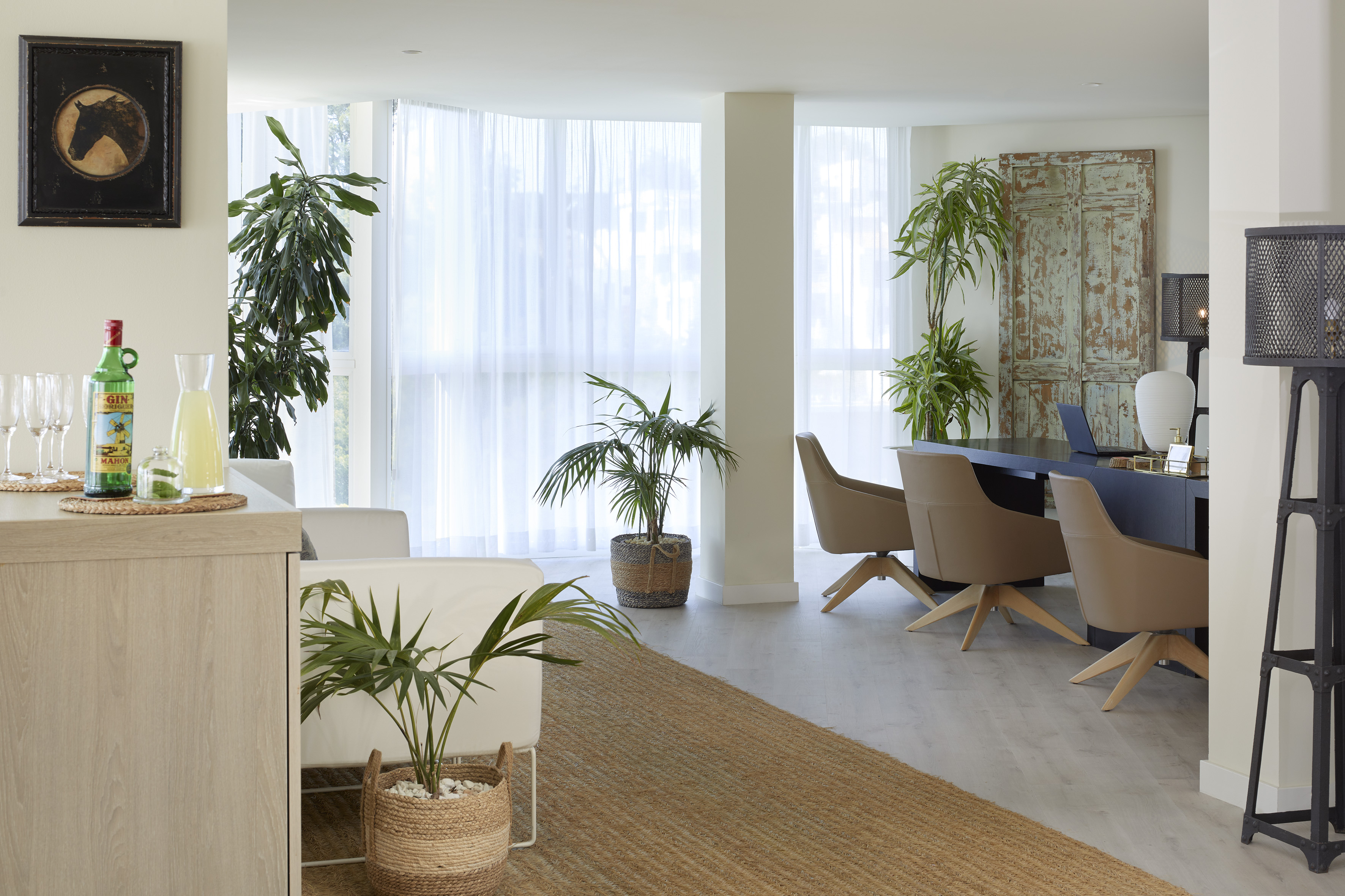 Bright modern living room and home office with plants and light wood floors.