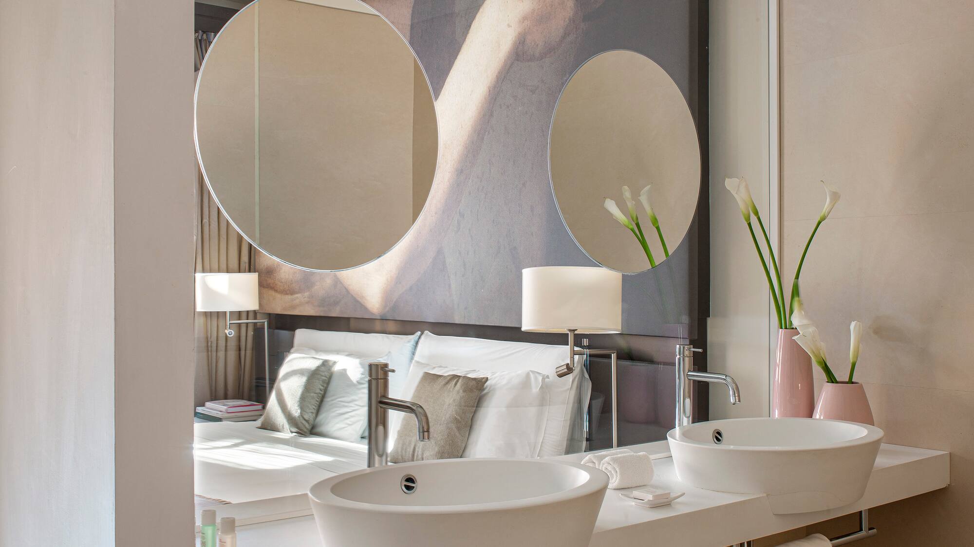 a bathroom with a large mirror