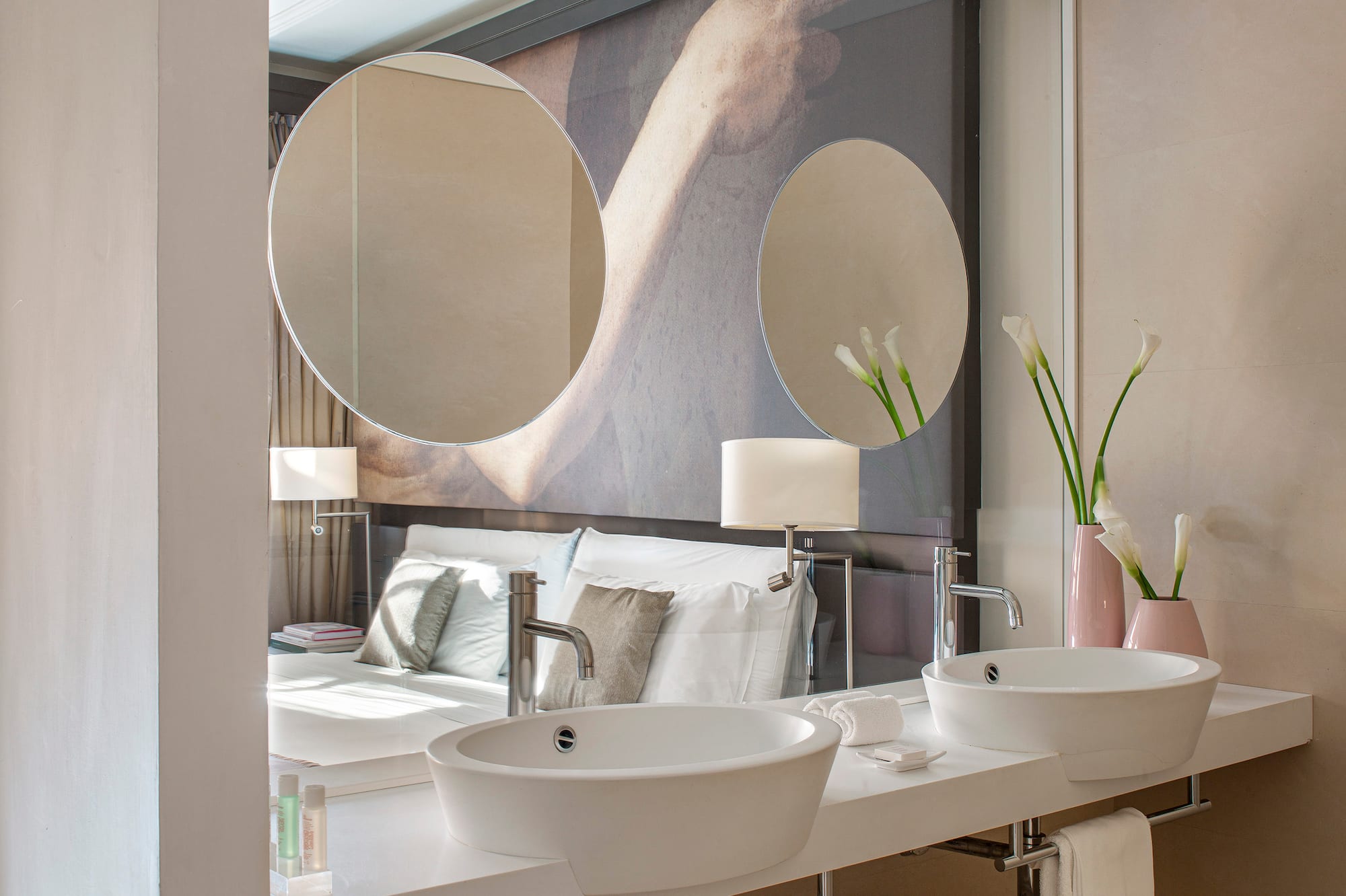 a bathroom with a large mirror