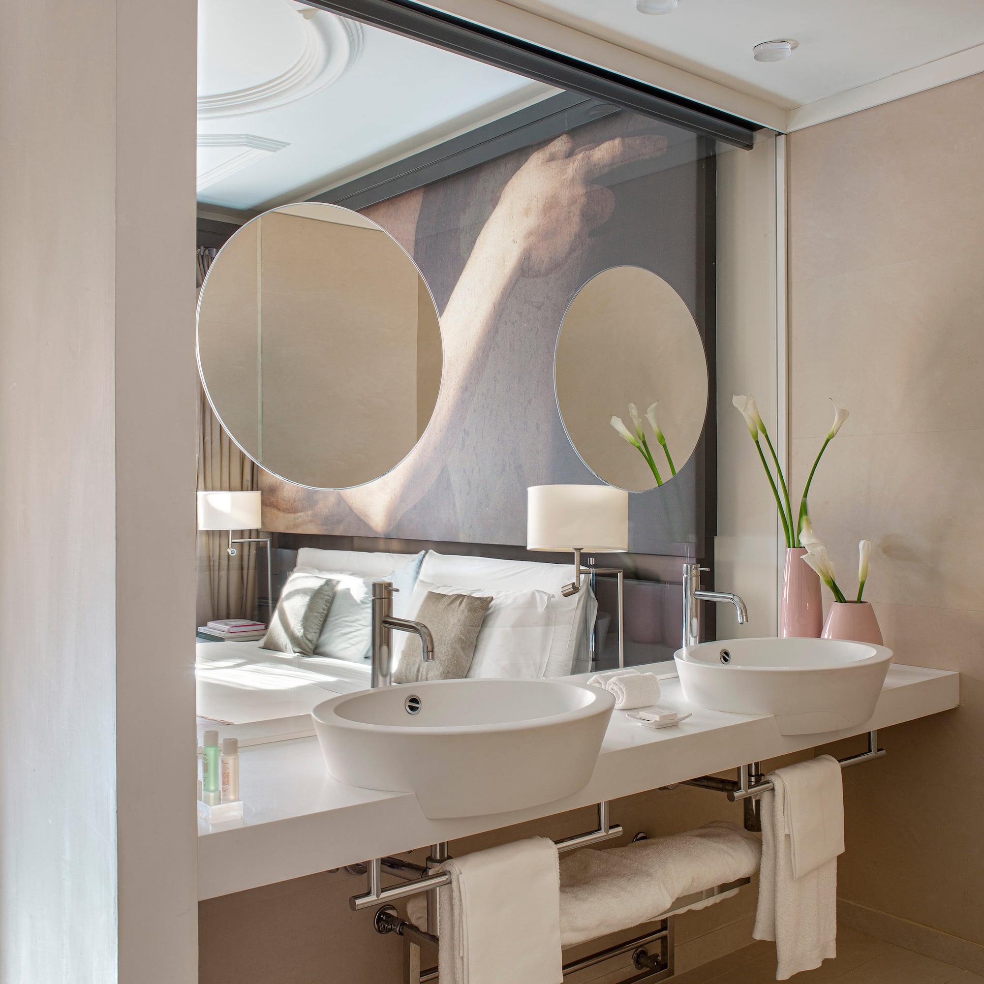 a bathroom with a large mirror
