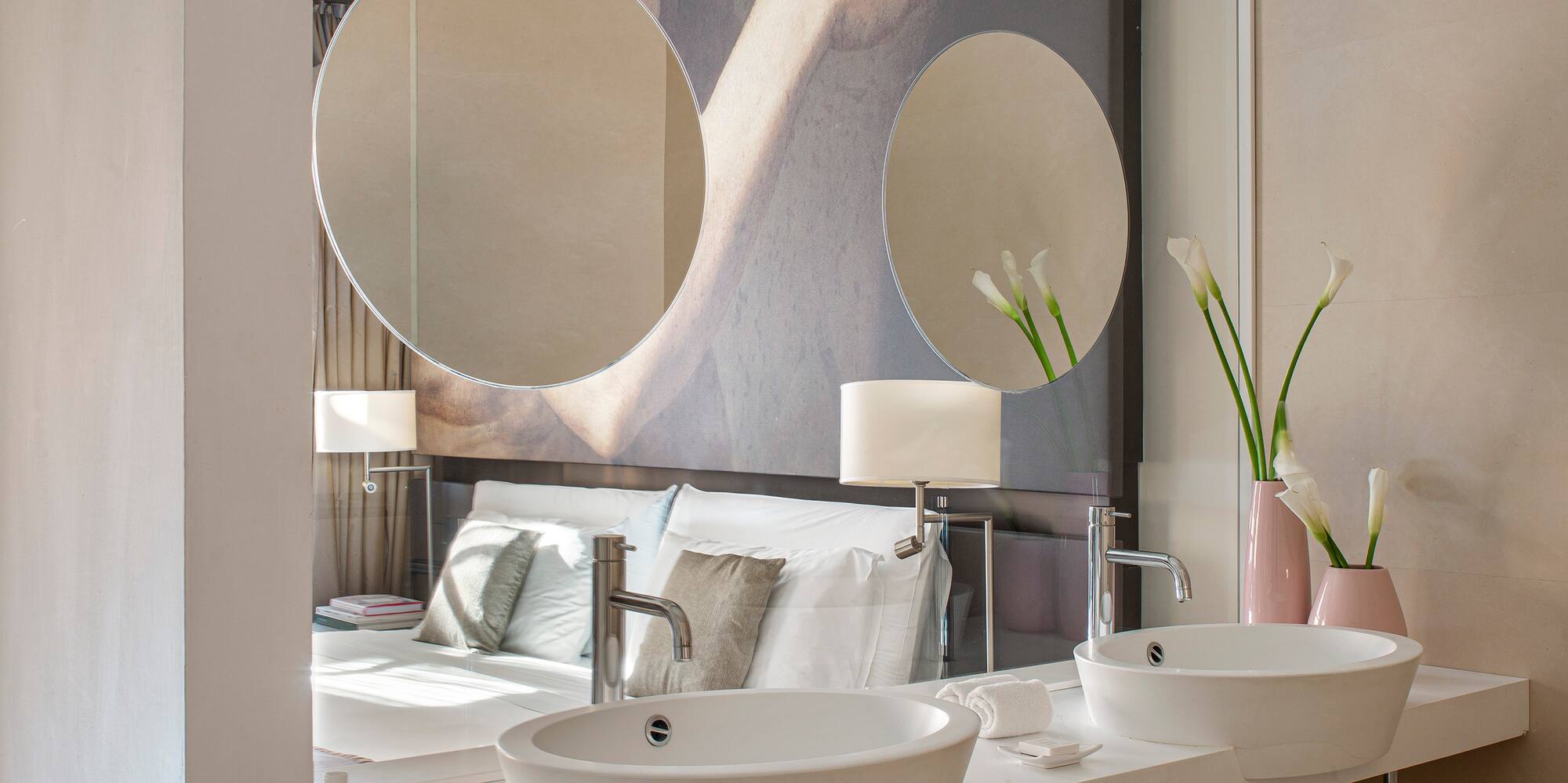 a bathroom with a large mirror