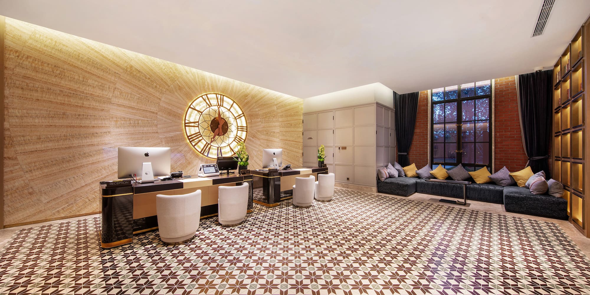 a room with a large clock on the wall