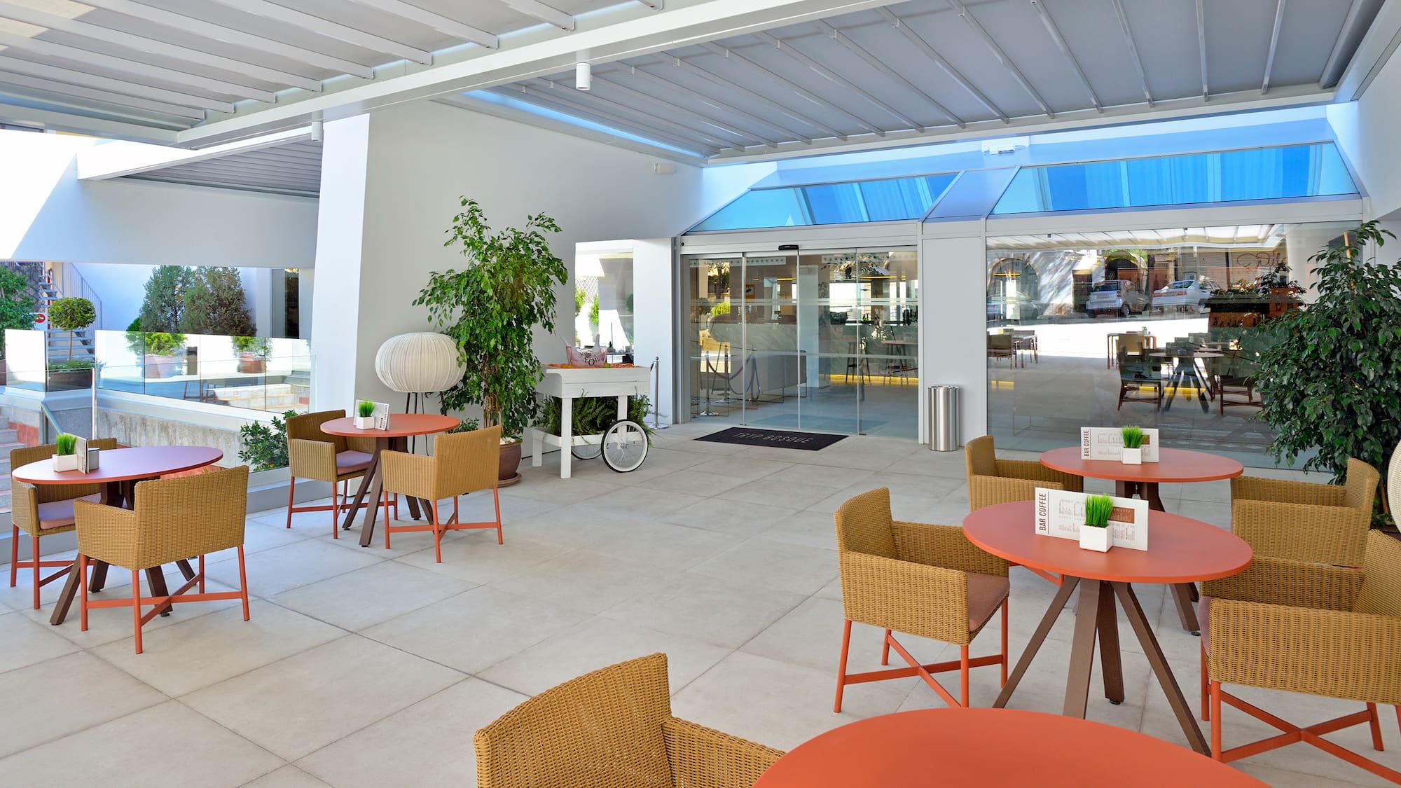 a room with tables and chairs