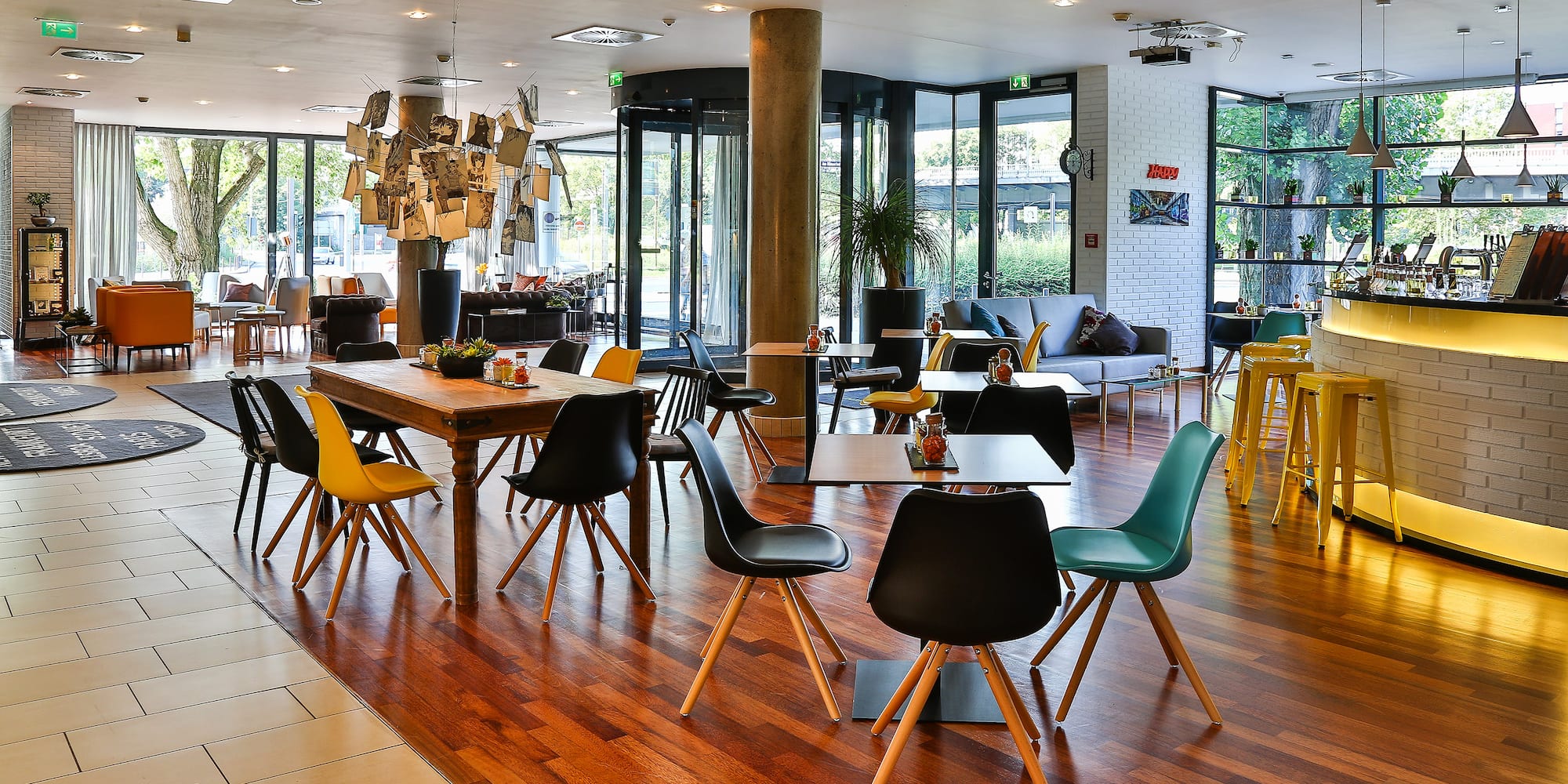 a room with tables and chairs