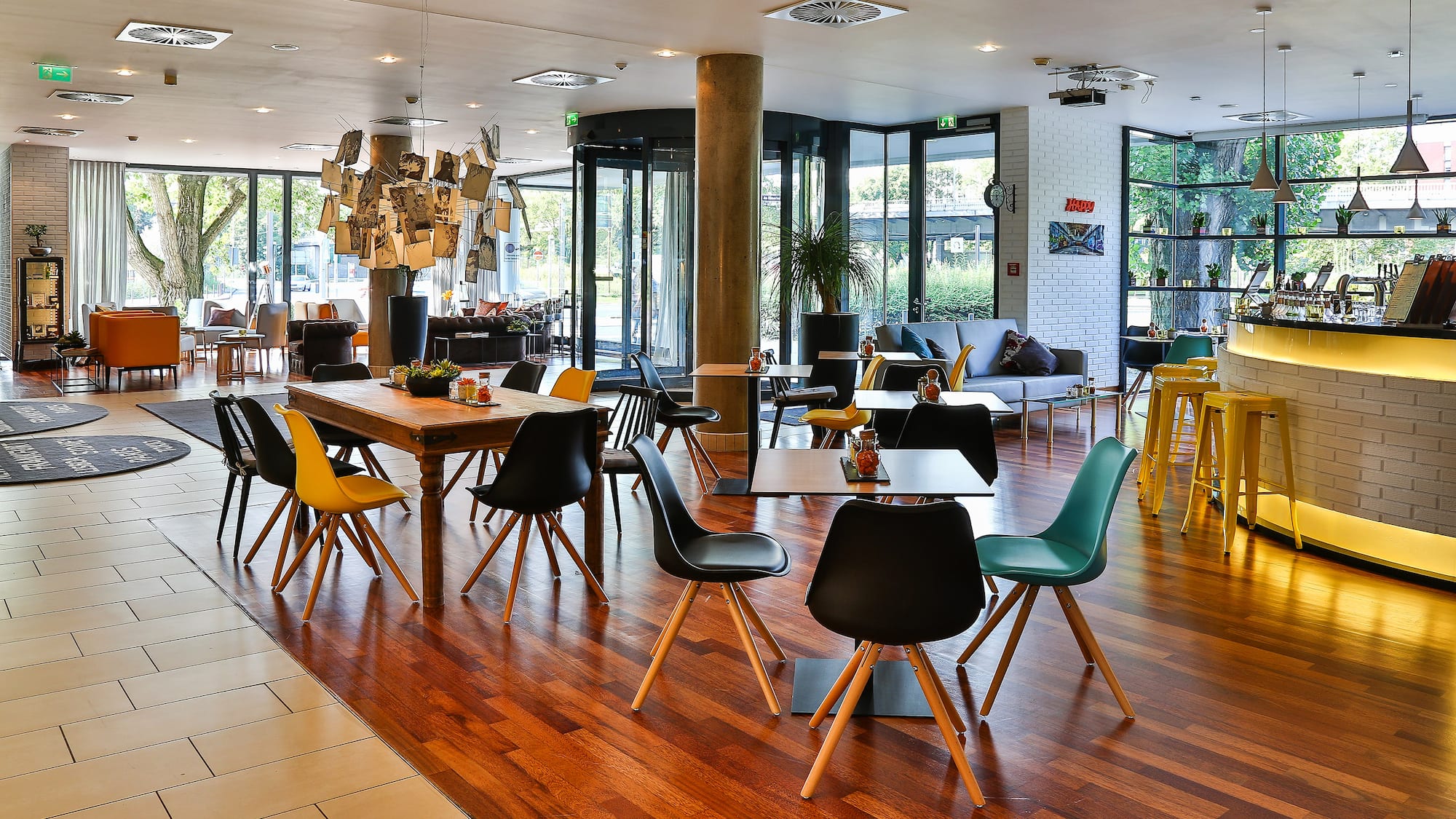 a room with tables and chairs