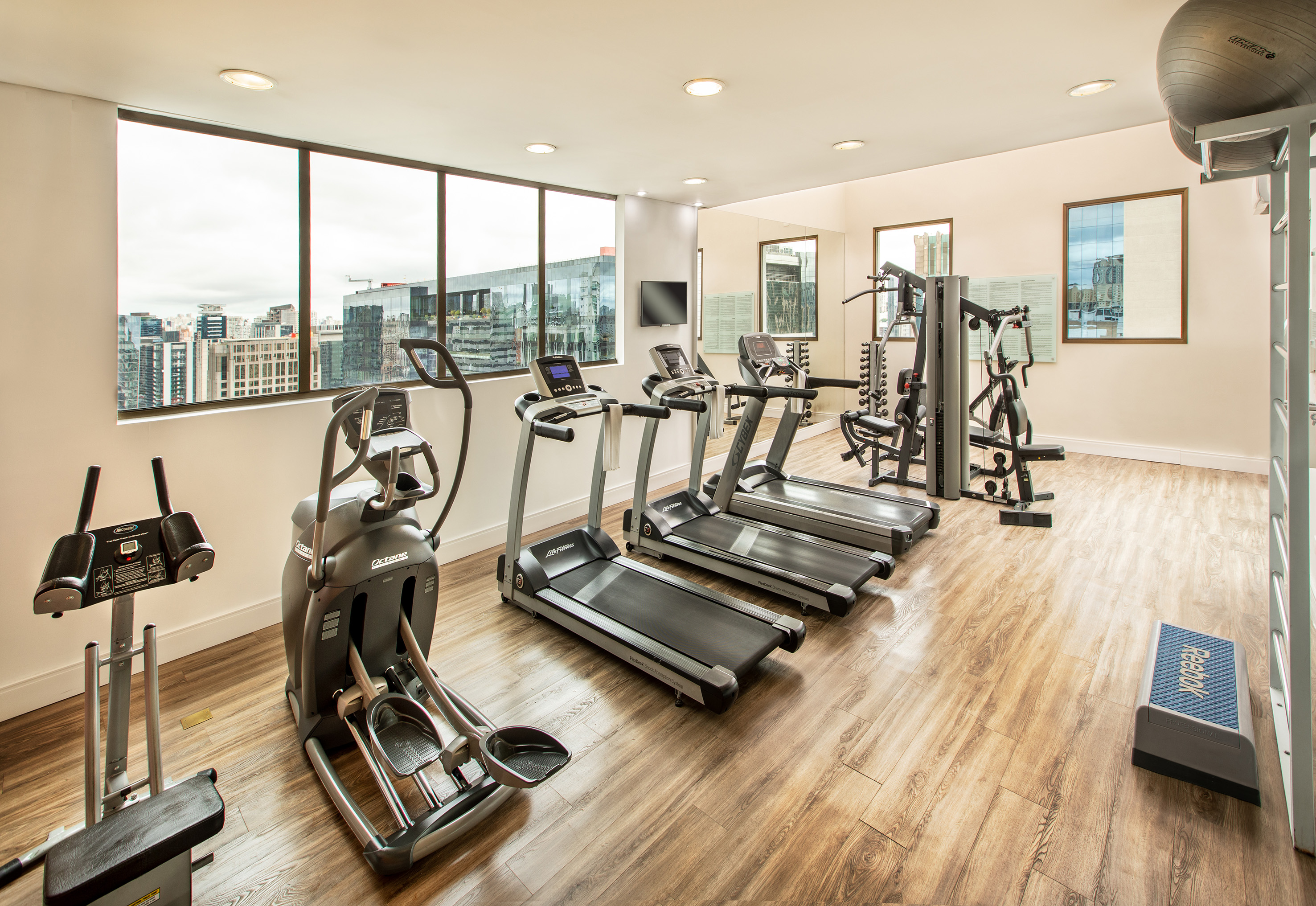 Spacious gym with treadmills, elliptical, weights, and panoramic city views.