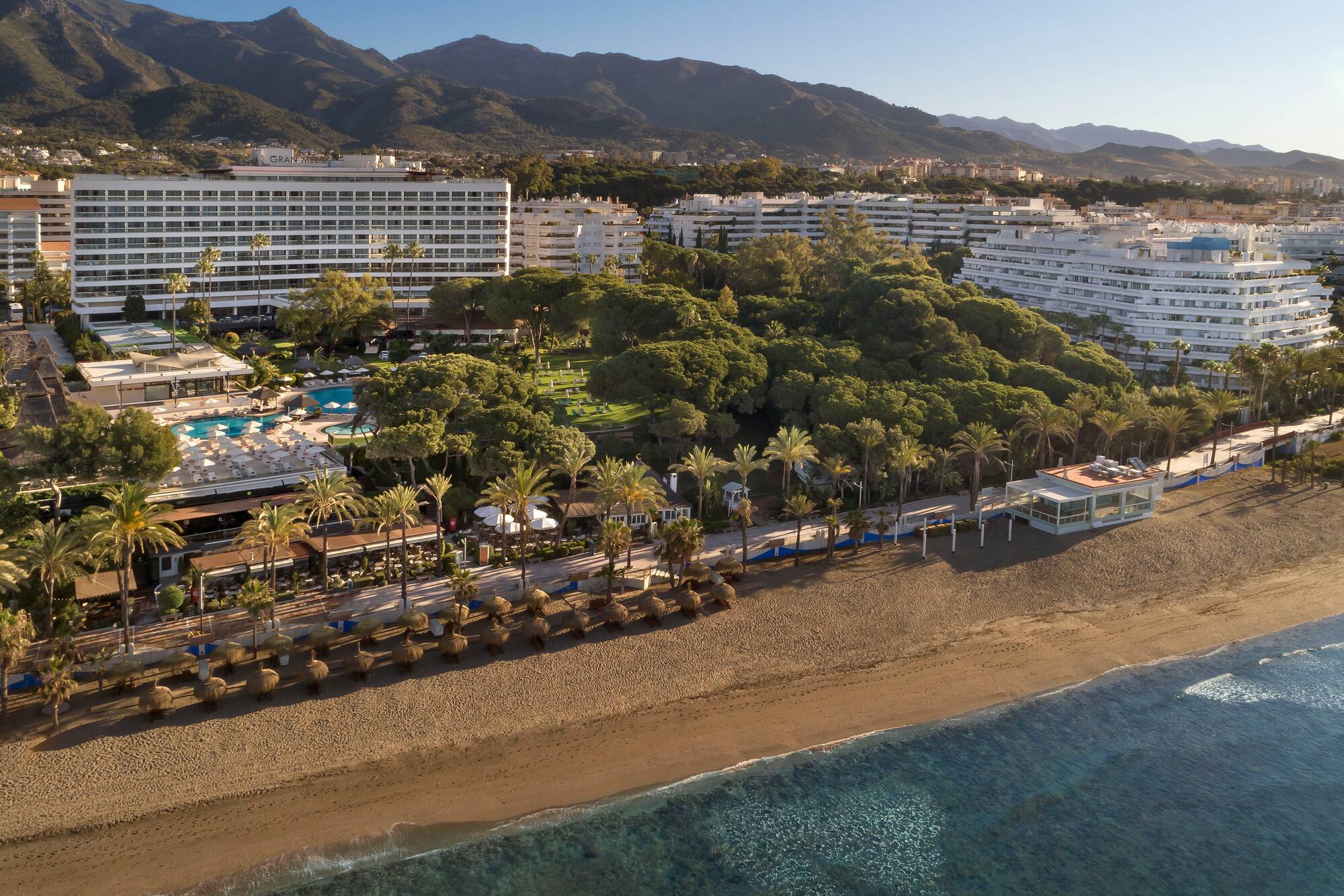 Gran Meliá beachfront resort with palm trees, pools, ocean, and mountains.