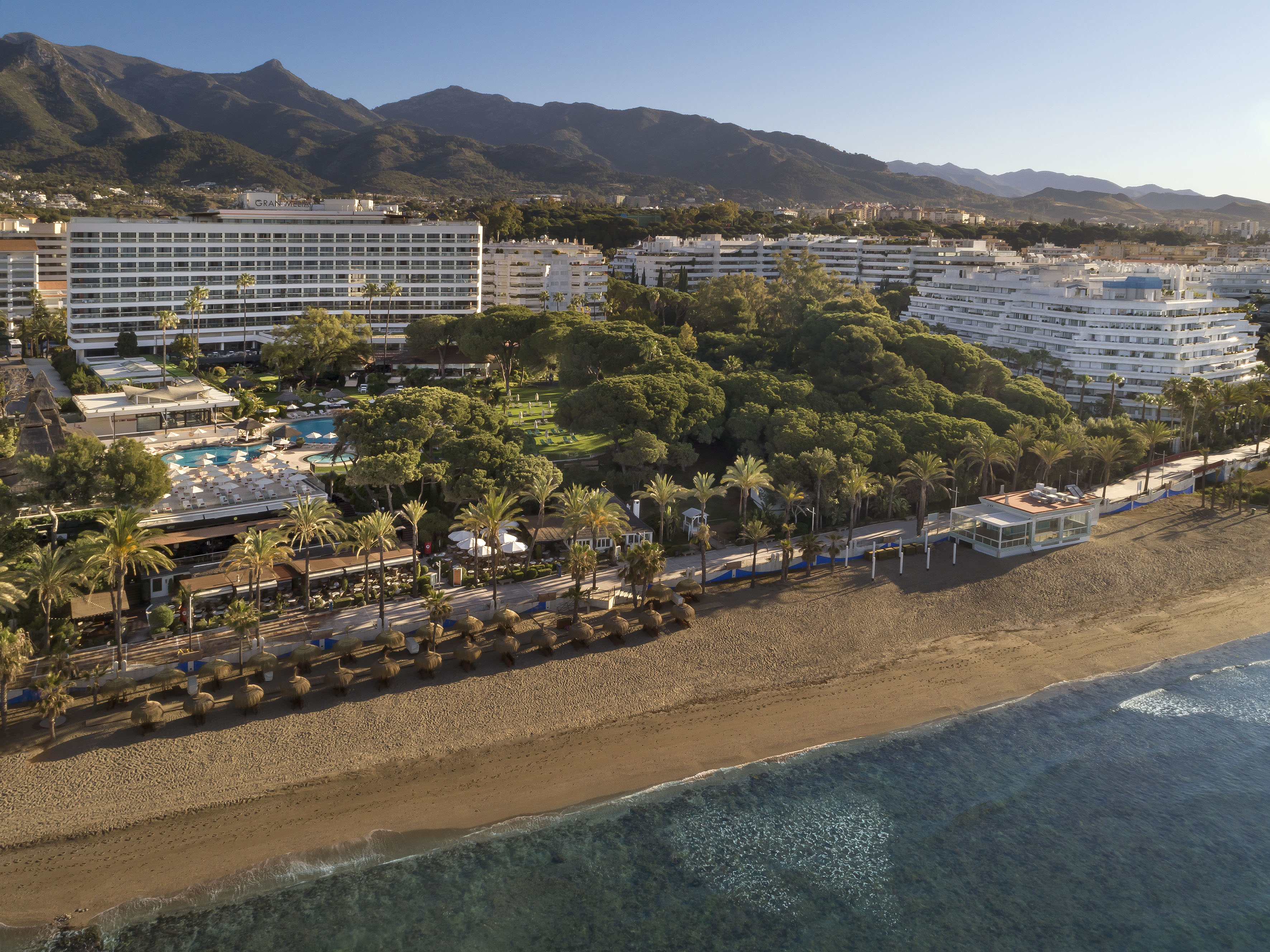 Gran Meliá beachfront resort with palm trees, pools, ocean, and mountains.