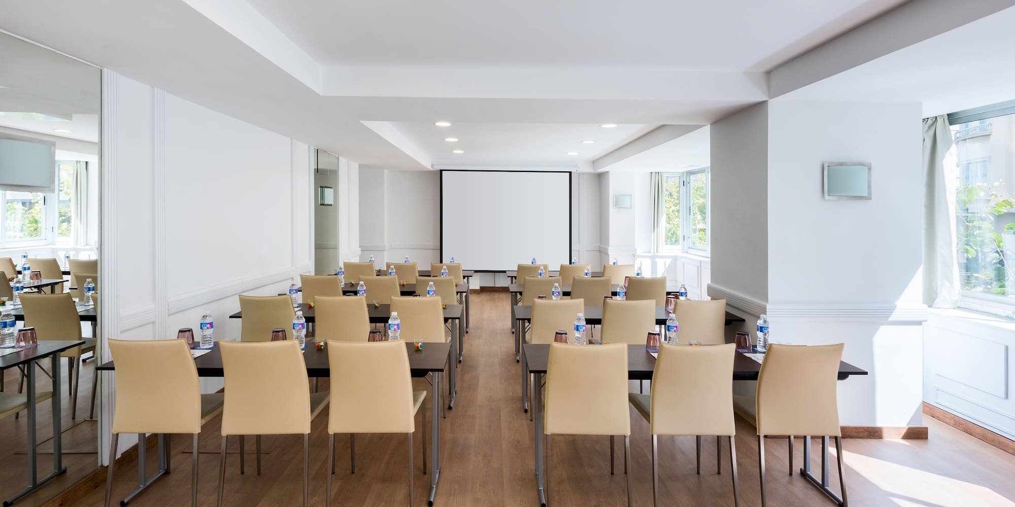 a room with tables and chairs