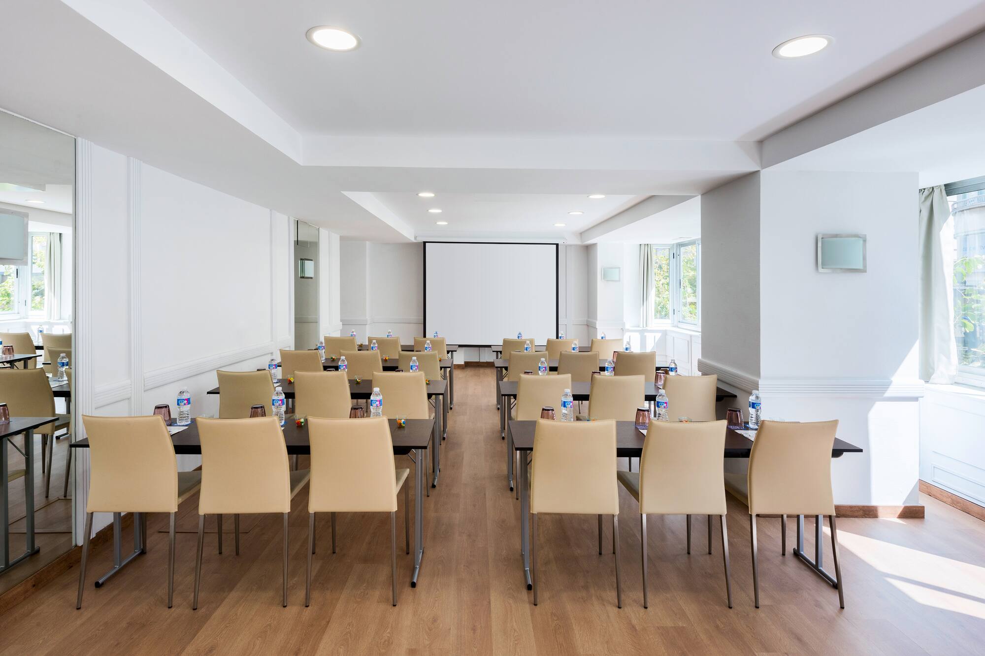 a room with tables and chairs