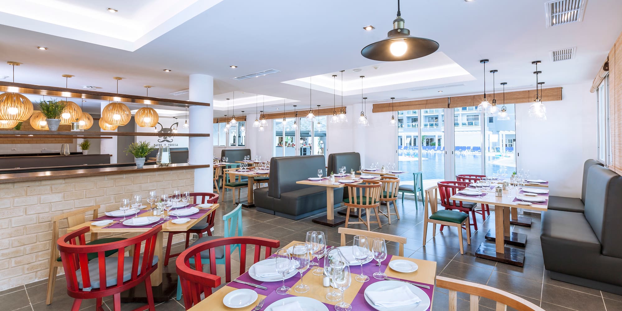 a room with tables and chairs