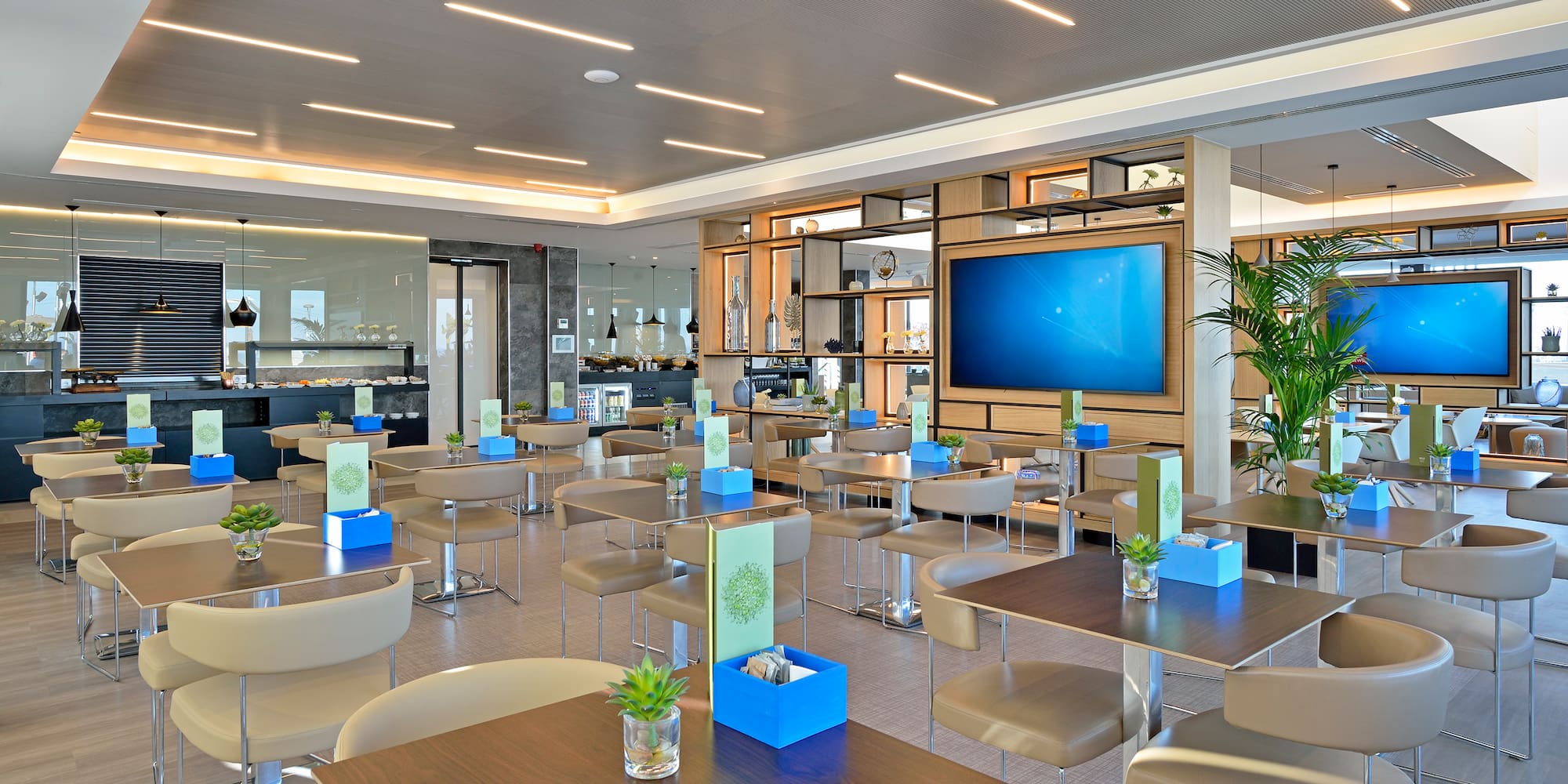 a room with tables and chairs