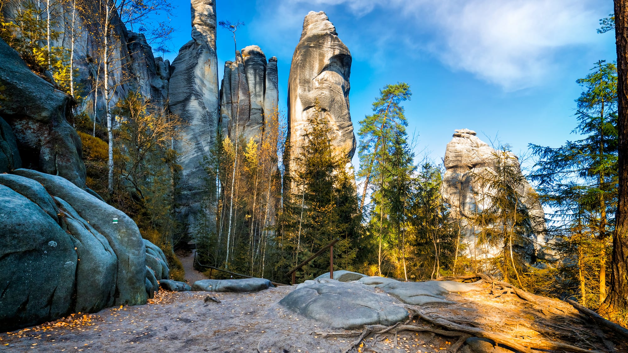 a rocky landscape with trees and a blue sky