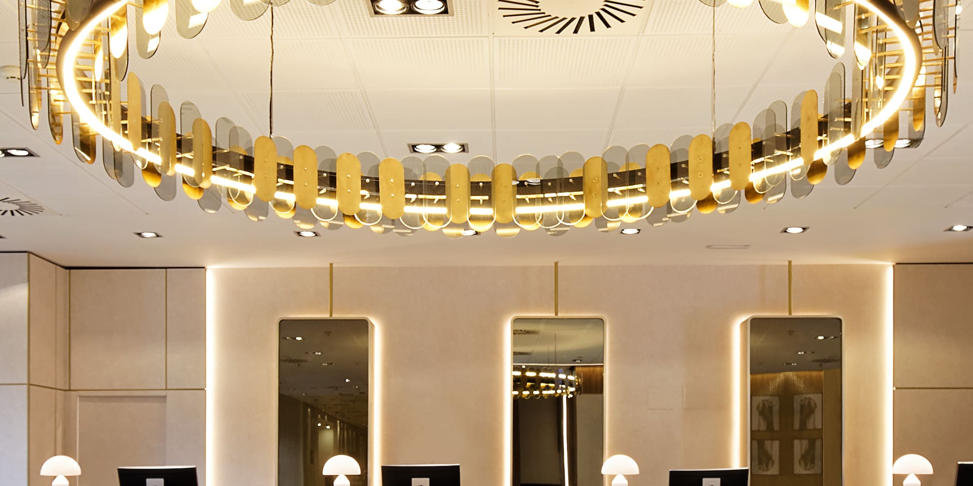 a chandelier in a hotel lobby