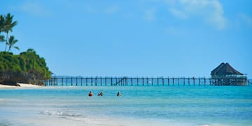 people on the beach with a pier