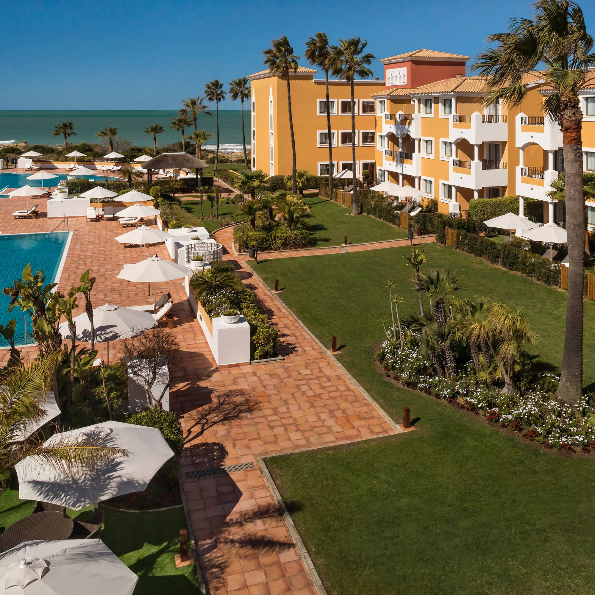 a pool and buildings with palm trees and umbrellas