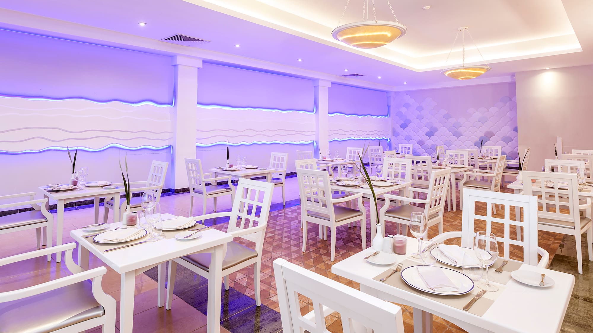 a room with tables and chairs