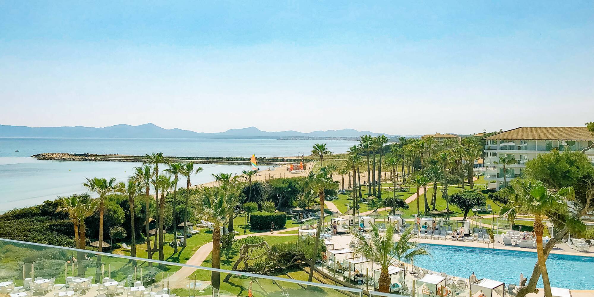 a pool and palm trees by a beach