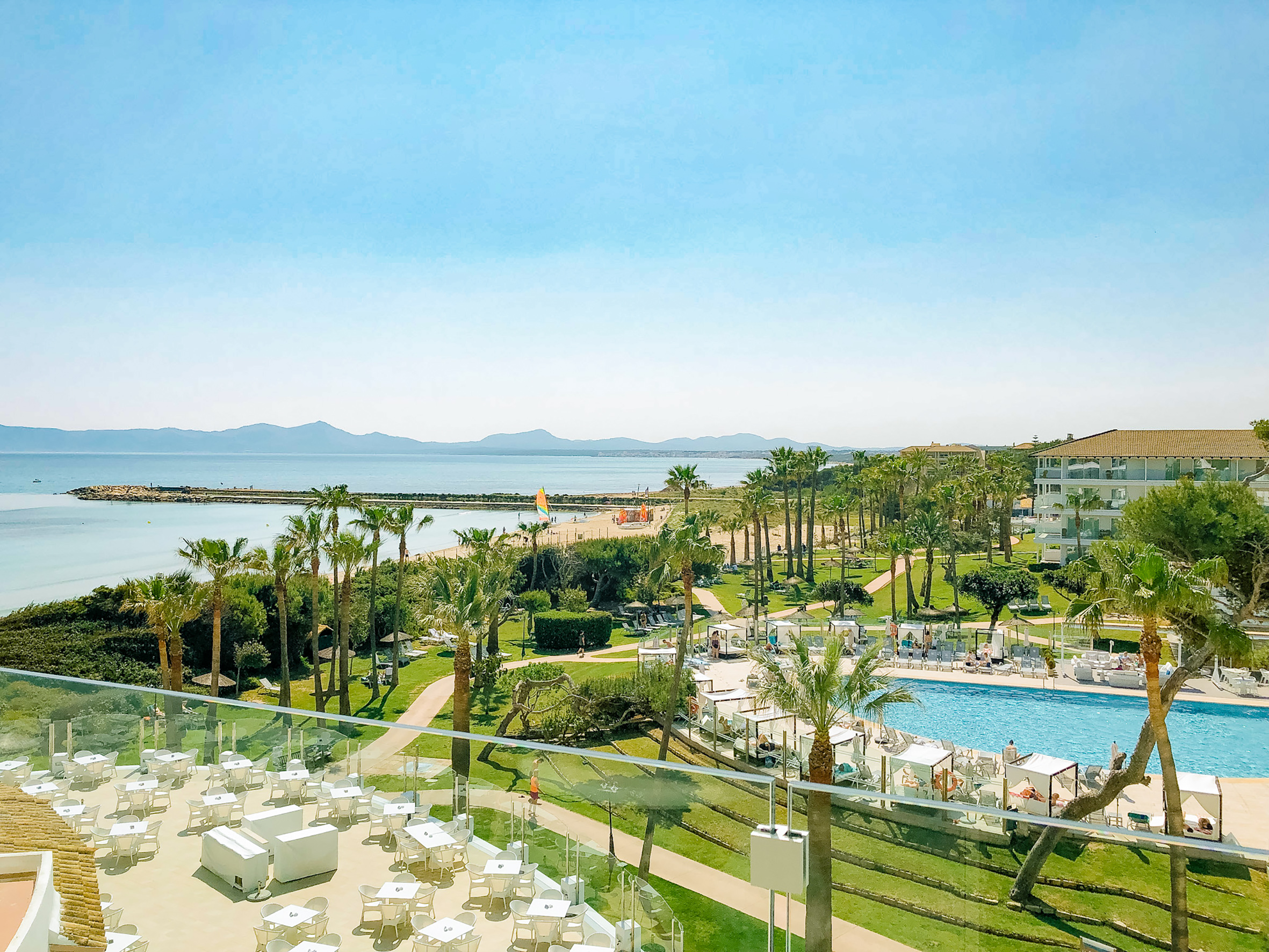 a pool and palm trees by a beach