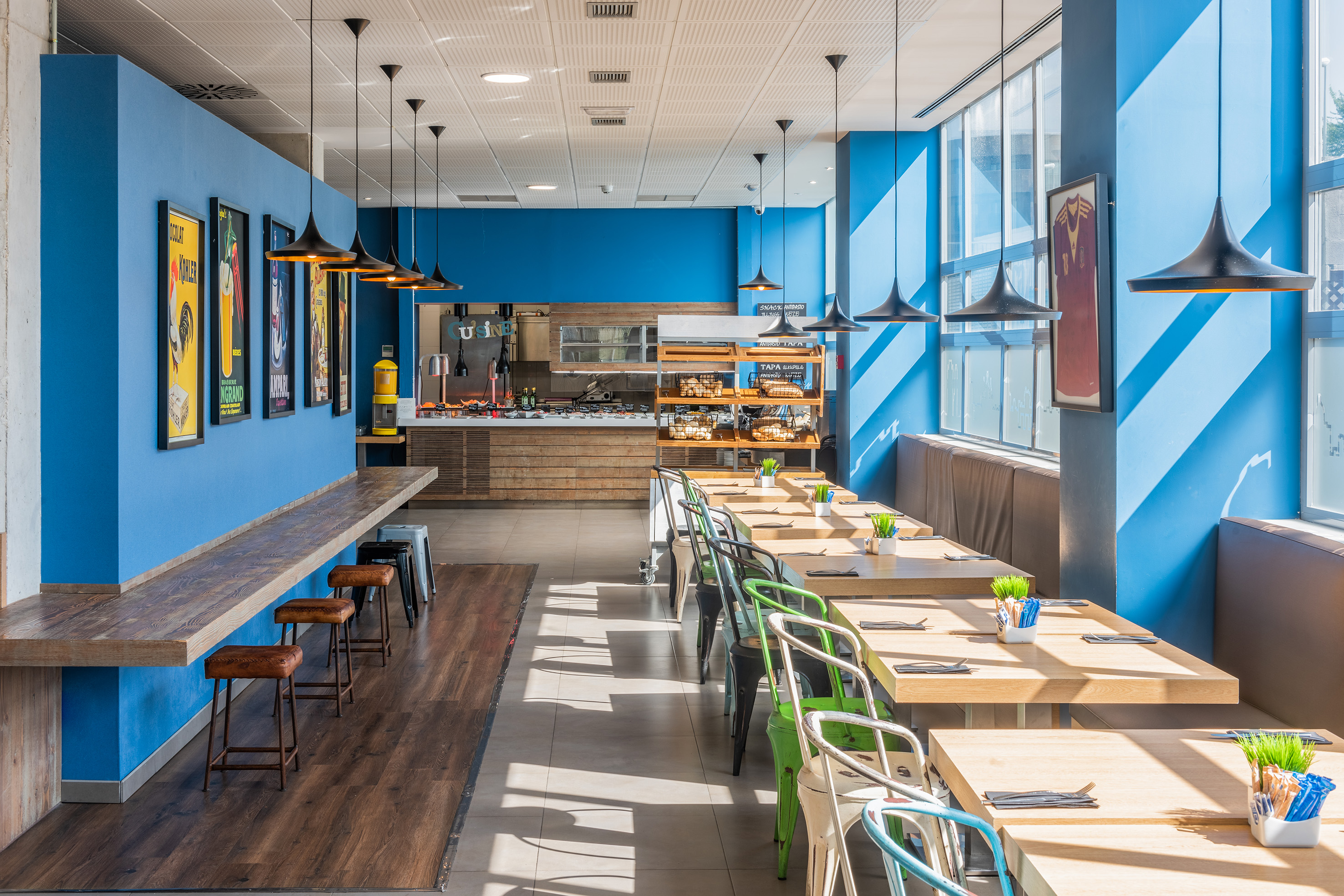 a room with tables and chairs