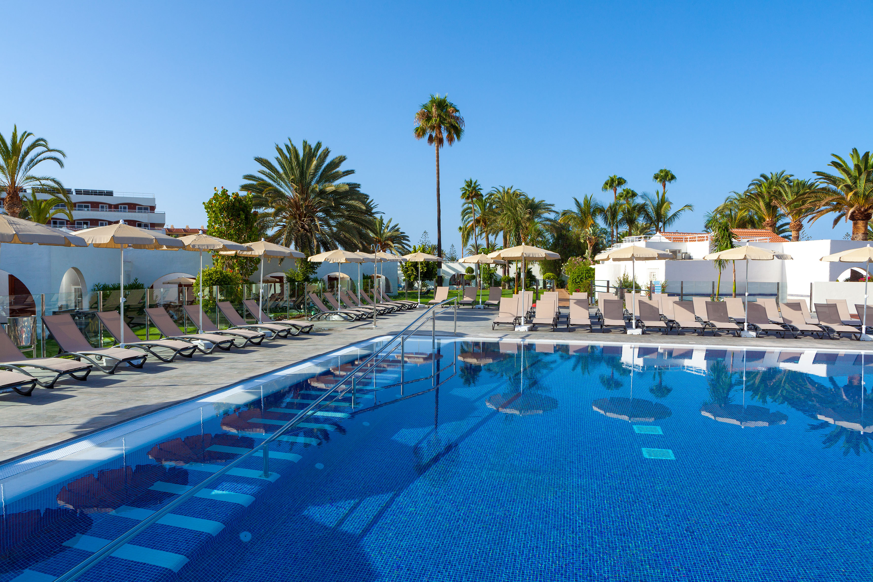 Outdoor resort swimming pool with sun loungers, umbrellas, and palm trees.