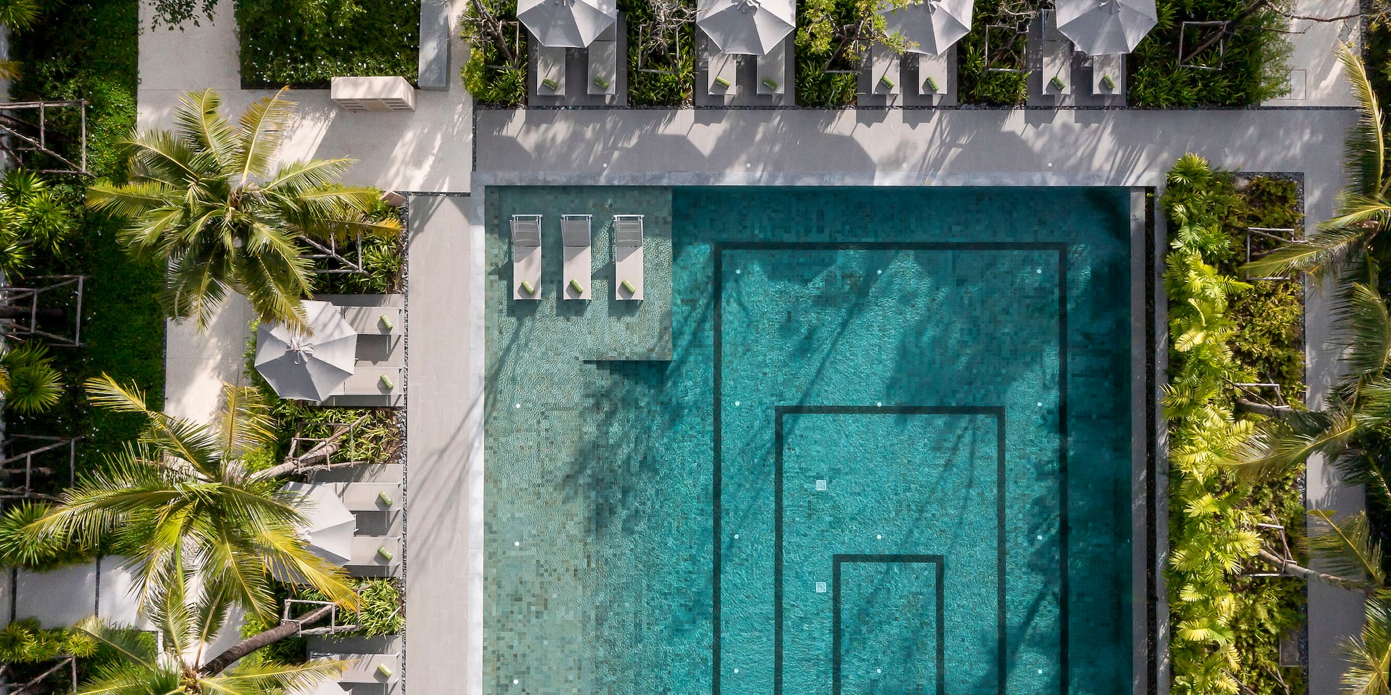 a swimming pool with umbrellas and palm trees
