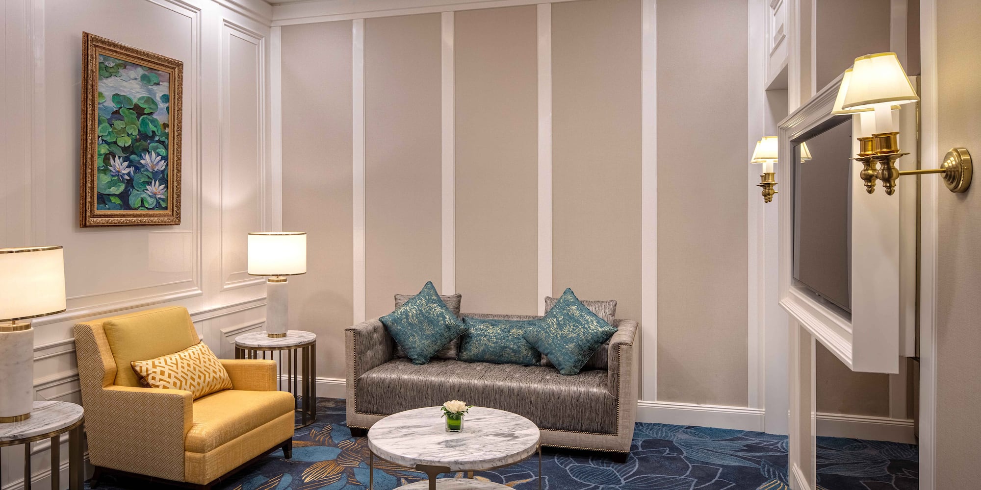 a room with a couch and a table