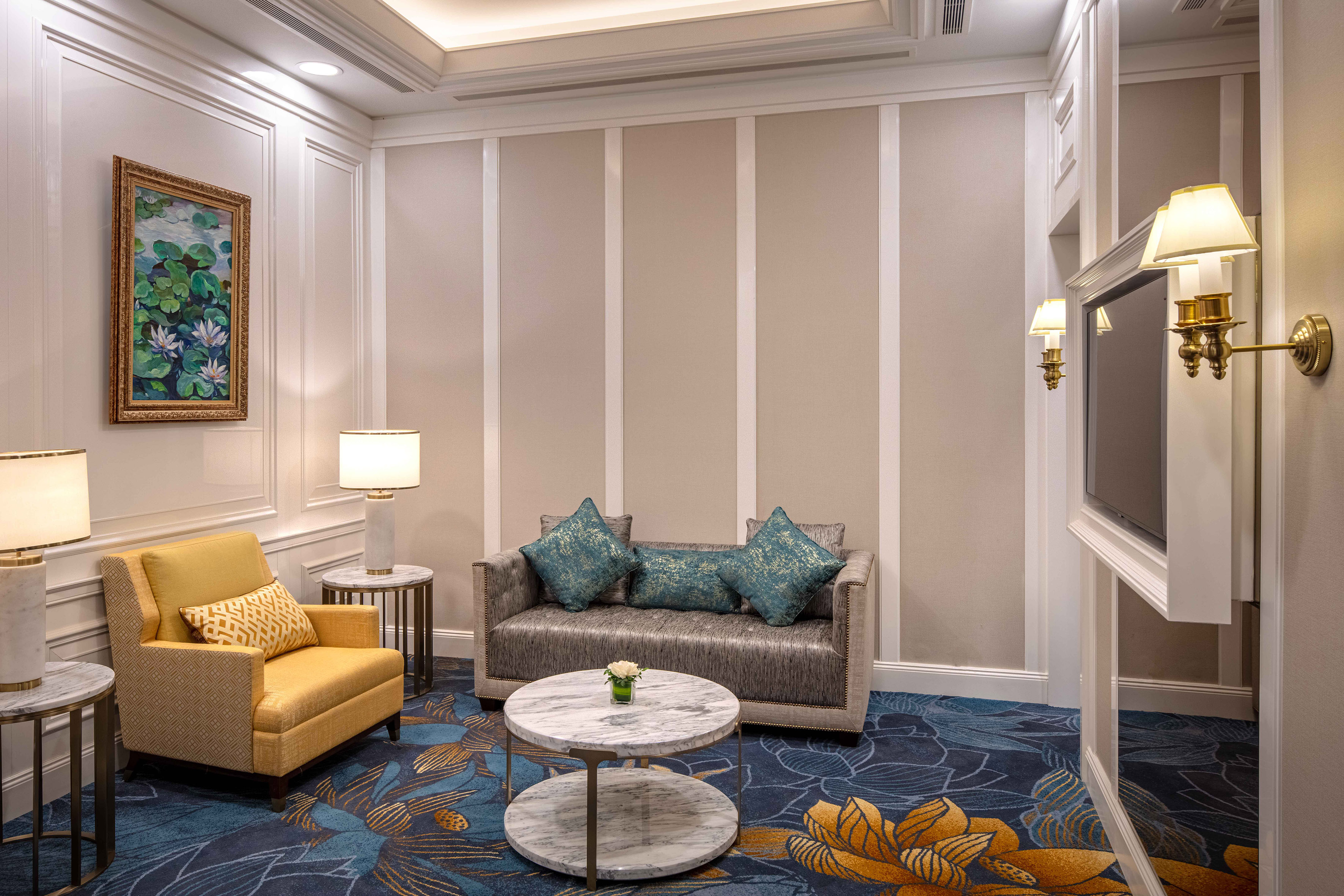 a room with a couch and a table