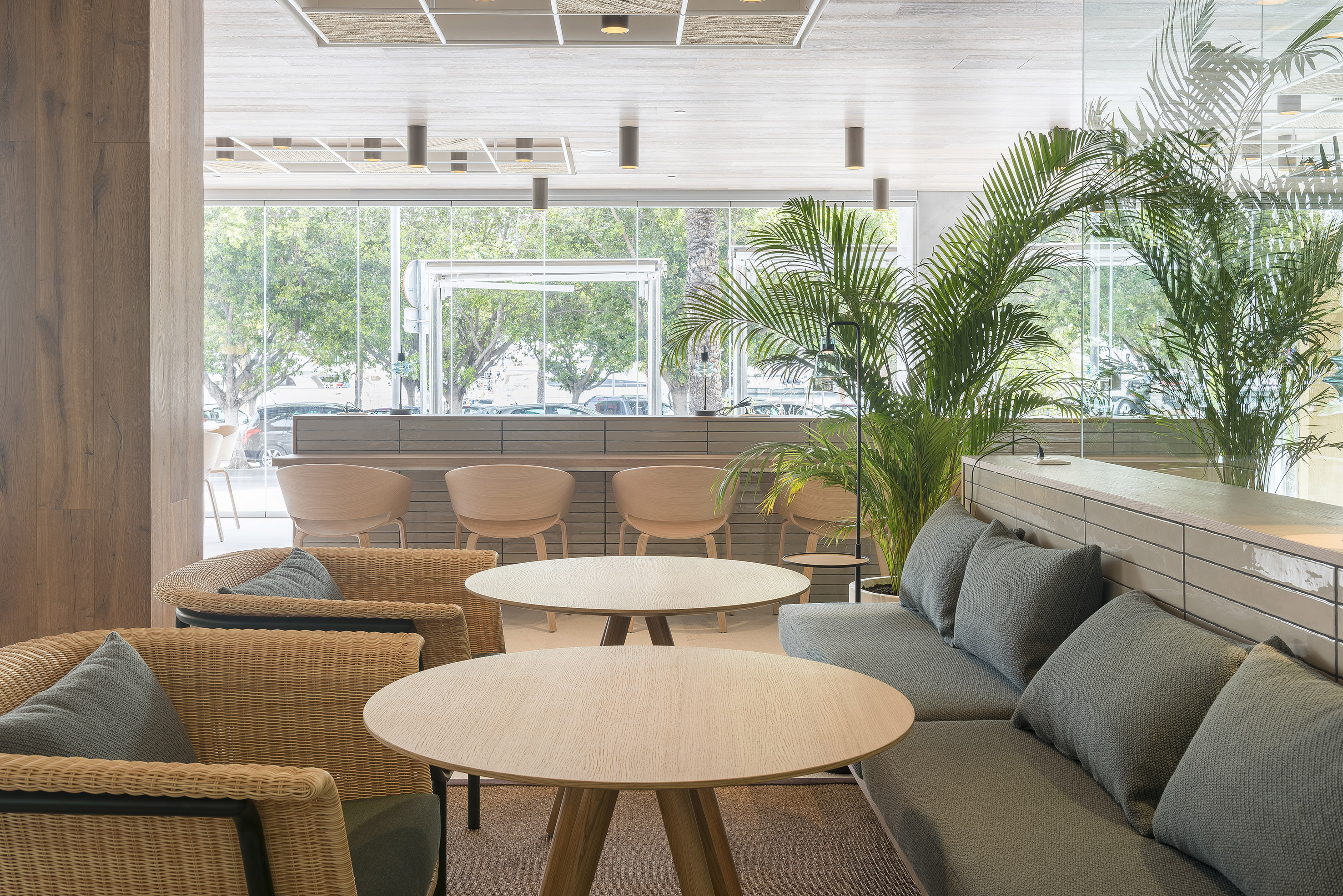 Modern lounge interior with wicker chairs, grey sofa, wood tables, and plants.