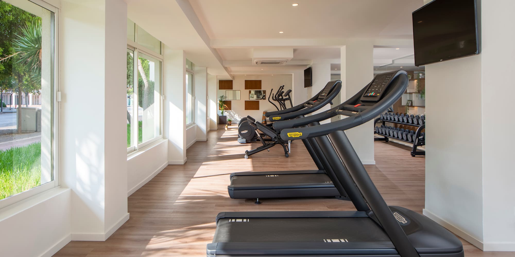 a room with treadmills and a television