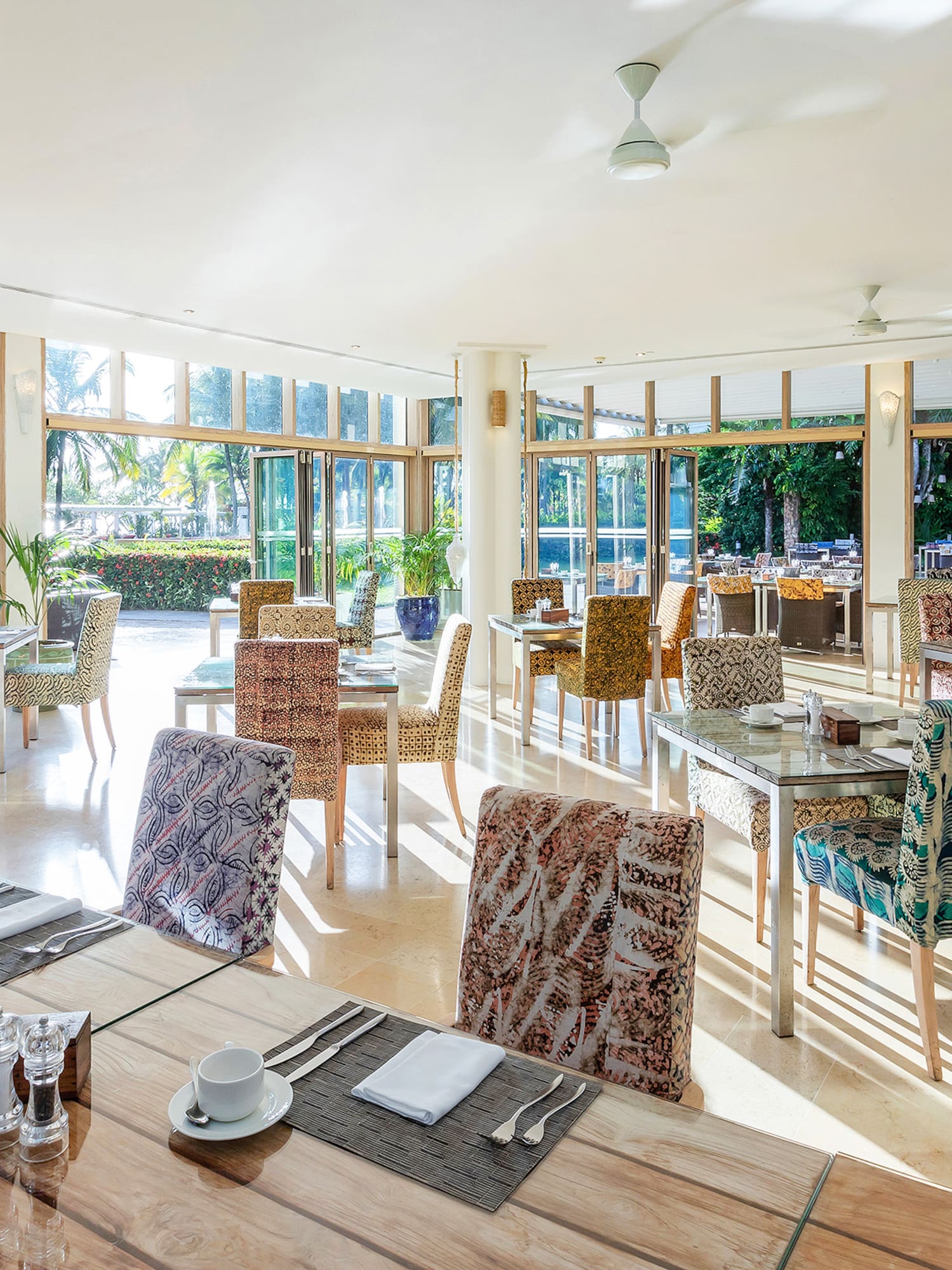 a room with tables and chairs