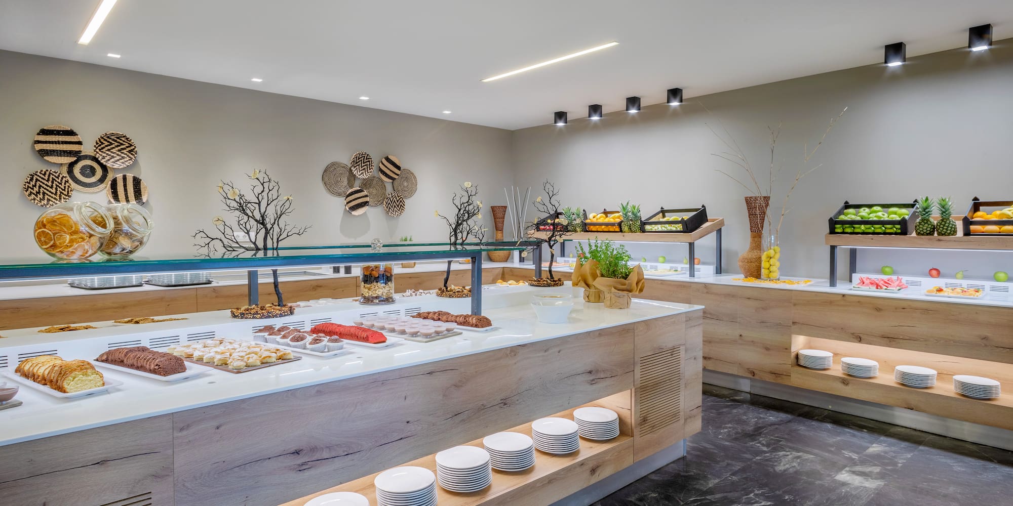 a buffet with food on shelves