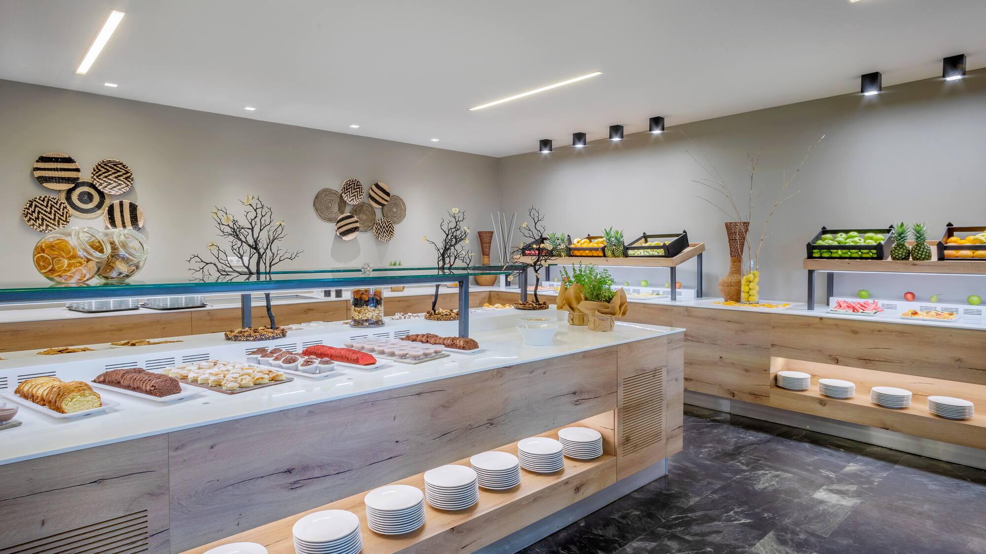 a buffet with food on shelves