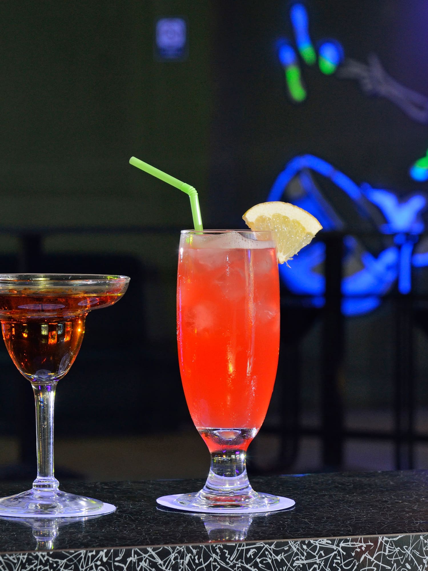 a couple of drinks on a bar