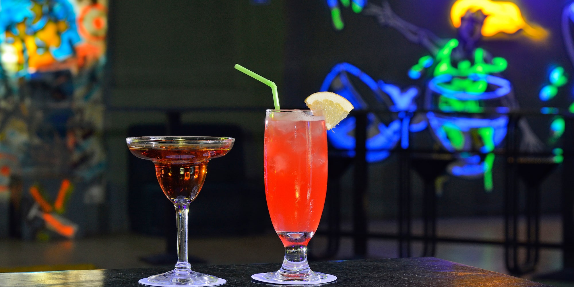 a couple of drinks on a bar