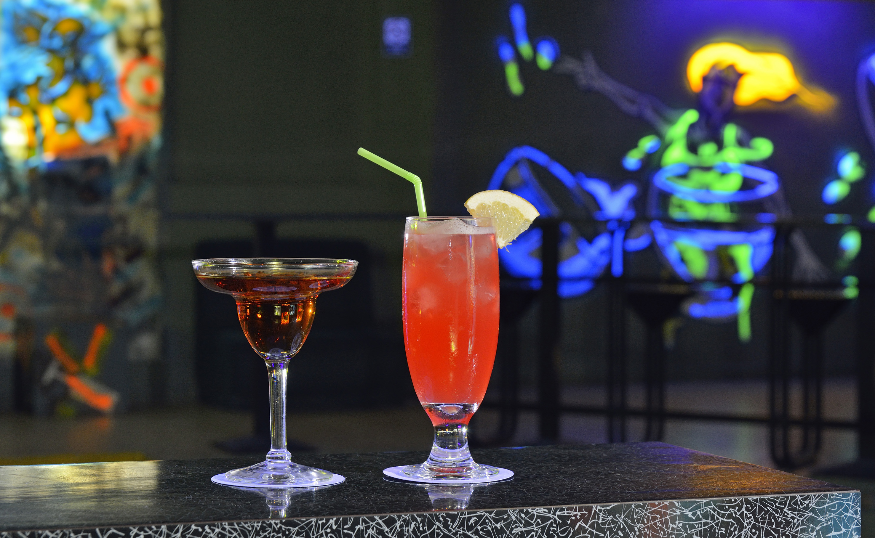 a couple of drinks on a bar