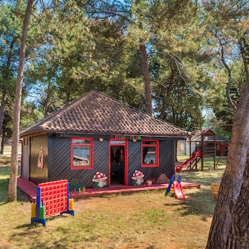 a small house with a slide and trees