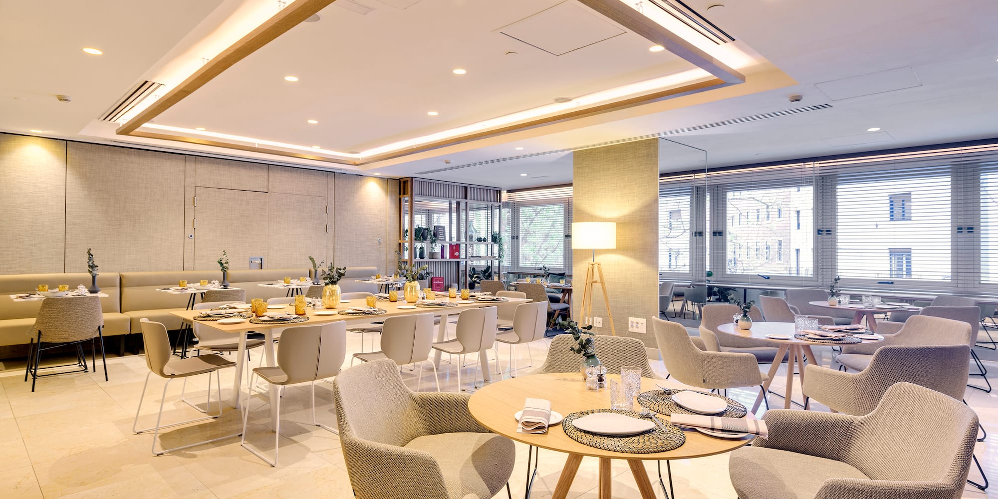 a room with tables and chairs