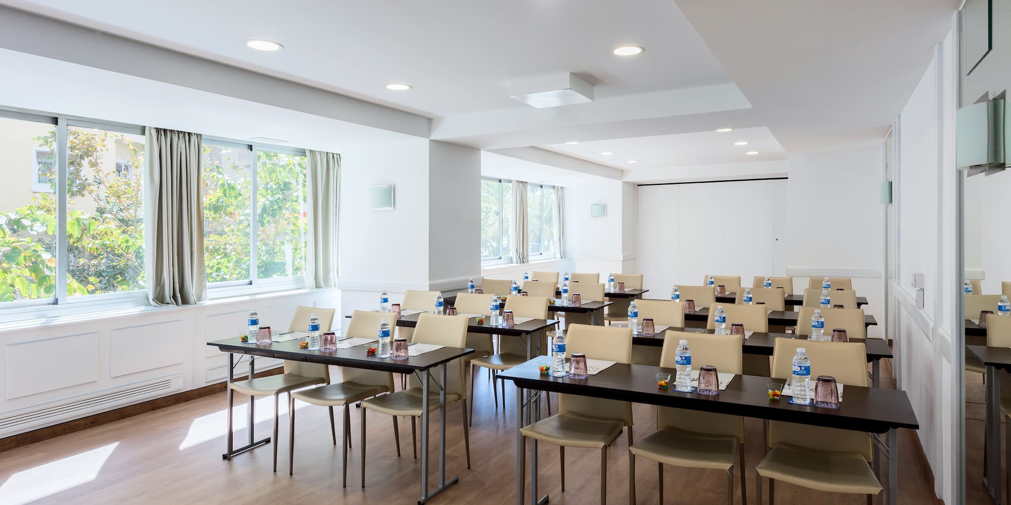 a room with tables and chairs