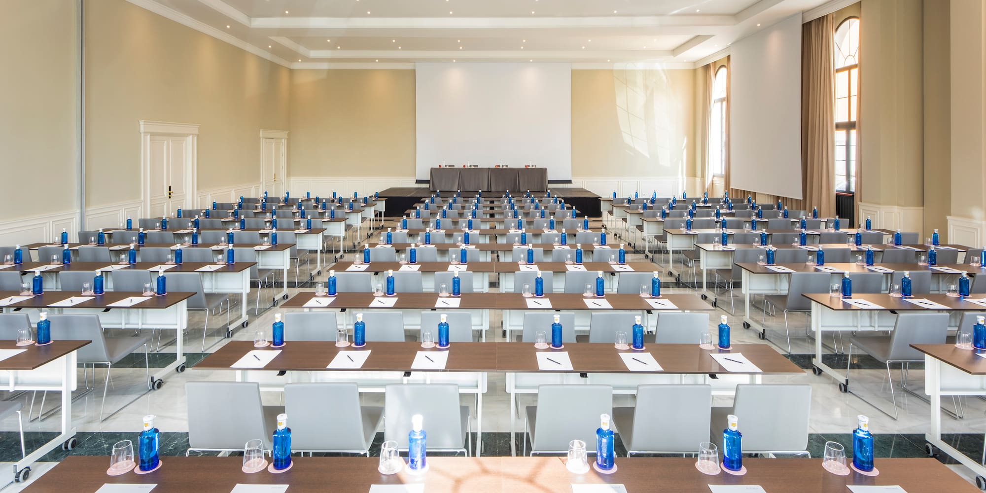 a room with tables and chairs