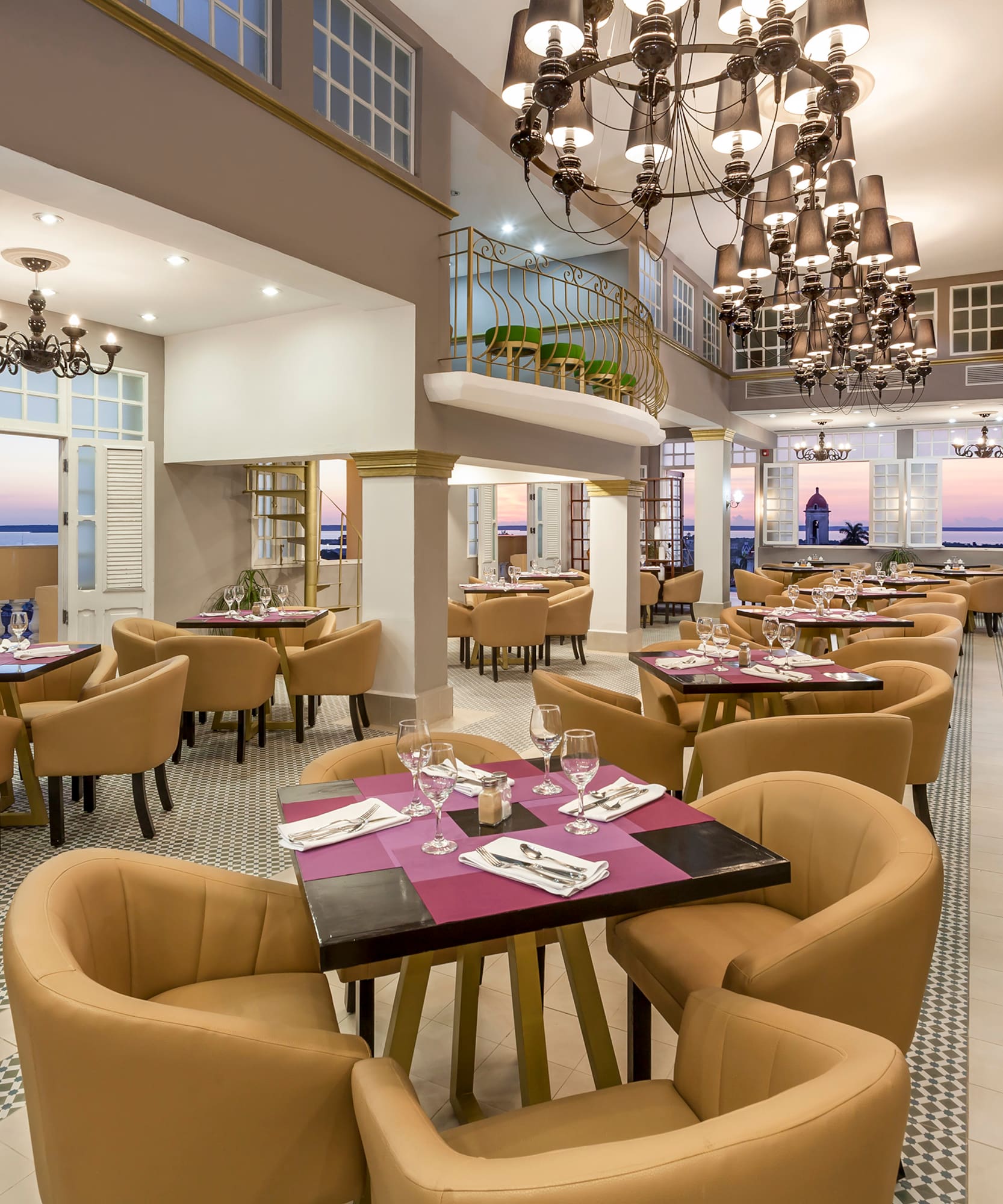 a room with tables and chairs