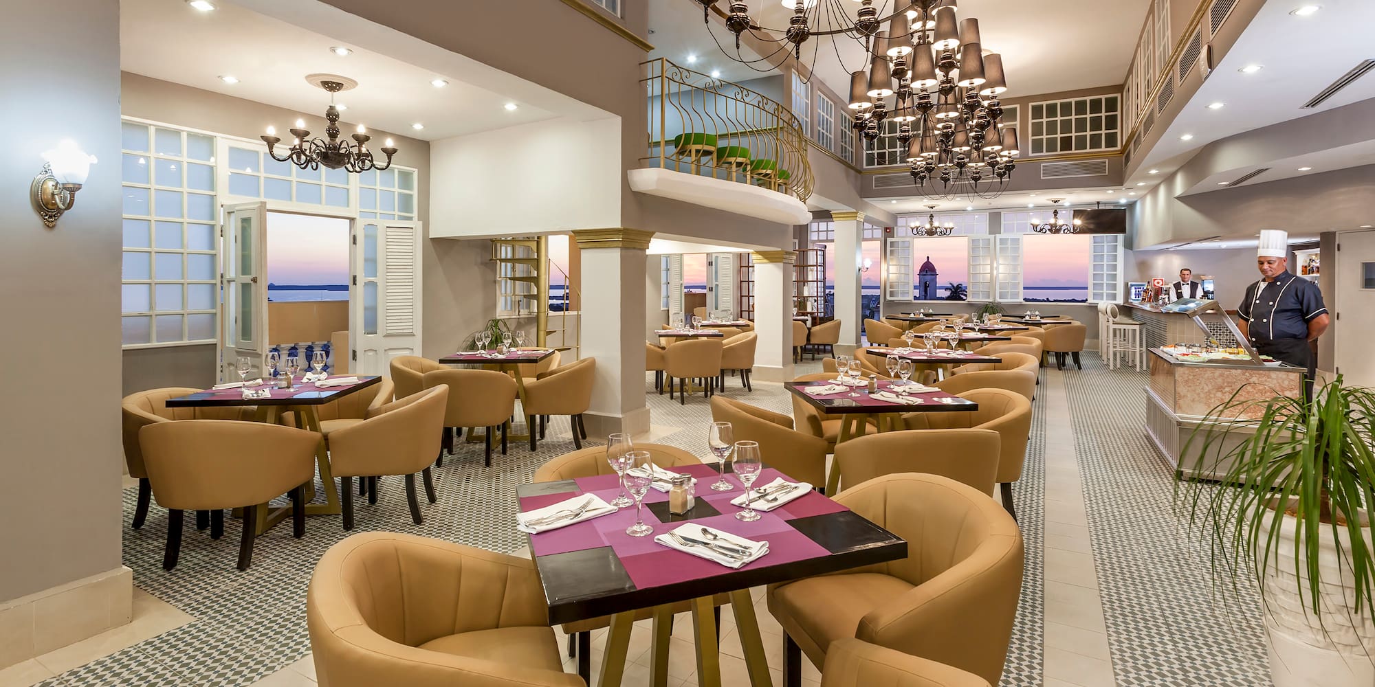 a room with tables and chairs