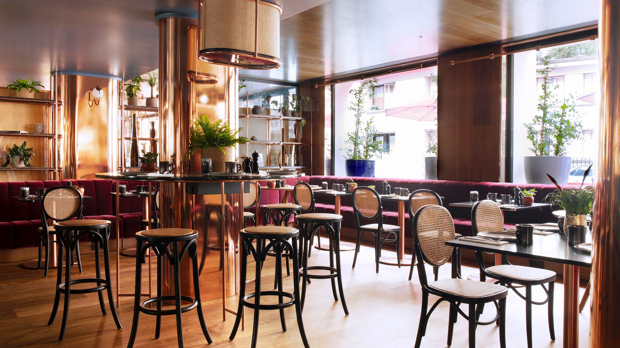 a restaurant with tables and chairs