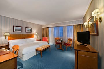 a room with a bed and a television